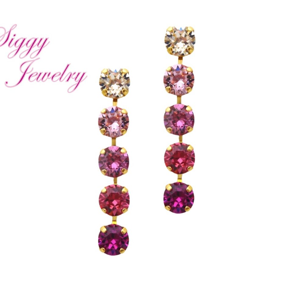 Austrian Crystal Statement Earrings, 5 Stone Long Dangle, Rose Pink Ombré Design